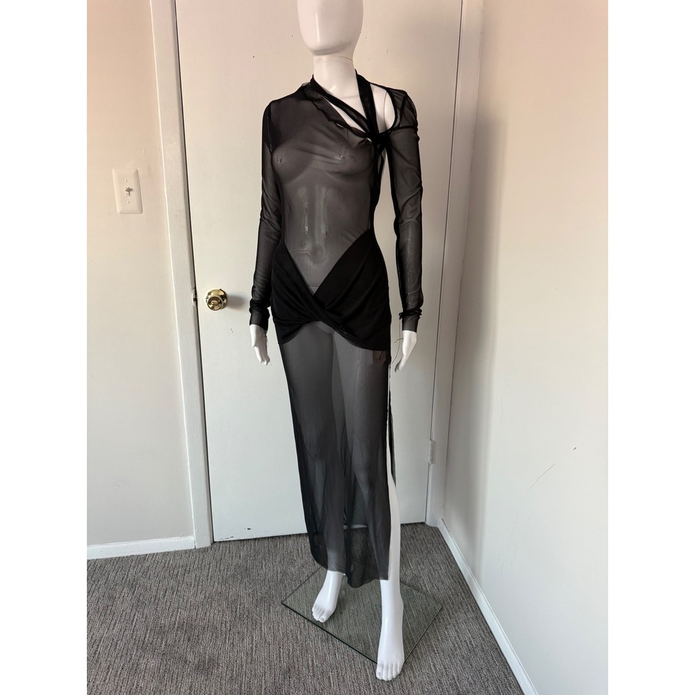Micas Black Sheer Mesh Cutout Asymmetrical‎ Maxi Dress Avant Garde Edgy M - Picture 4 of 11